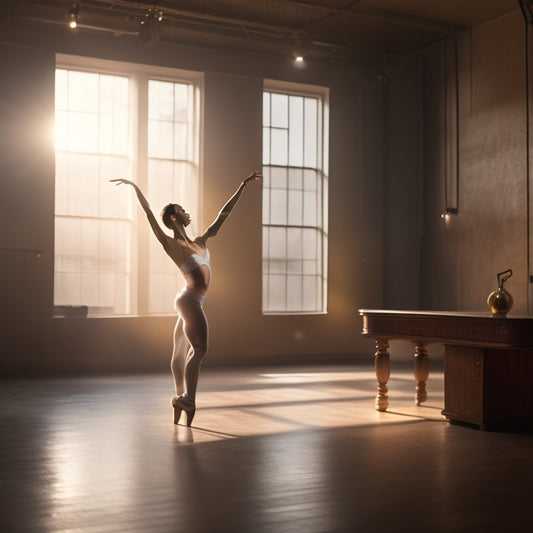 A serene, dimly lit dance studio with a lone ballerina in a flowing leotard, grasping a wooden barre, her muscles visibly toned and defined, amidst soft, golden lighting and subtle shadows.