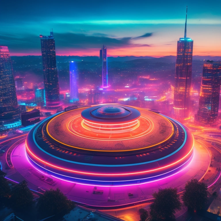 A futuristic, neon-lit cityscape at dusk, with a giant, glowing turntable at its center, surrounded by swirling patterns of sound waves and pulsing laser beams.