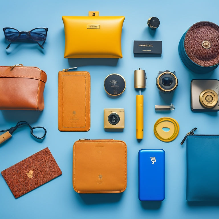 A vibrant flat lay of essential travel accessories, featuring a global adapter, colorful travel pouches, a compact power bank, noise-cancelling headphones, a universal plug, and a stylish passport holder, all on a travel-themed background.