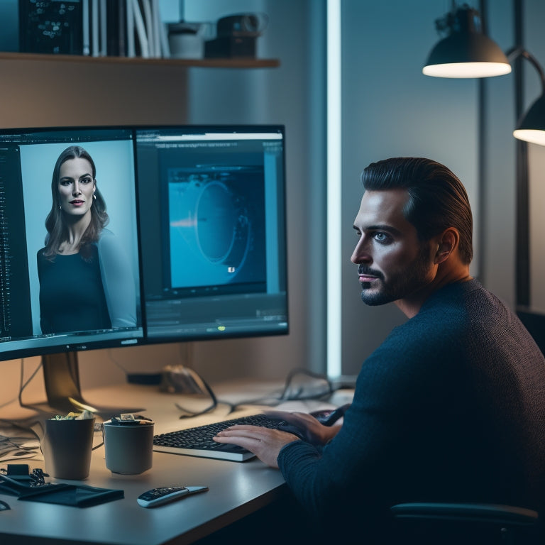A dimly lit, sleek, modern editing studio with a large, curved monitor displaying a before-and-after comparison of a portrait, with a professional photographer and retoucher collaborating in the background.