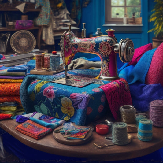 A colorful, whimsical illustration of a quilter's workshop: a vintage sewing machine centered on a cluttered, fabric-strewn worktable, surrounded by swirling threads, half-finished quilts, and vibrant fabric scraps.