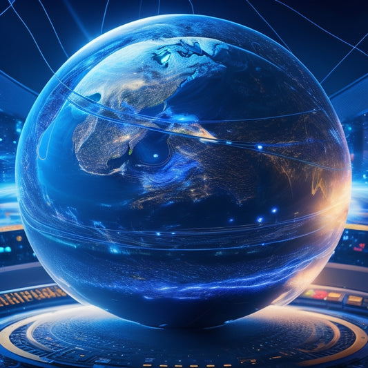 A futuristic, spherical globe with glowing blue circuits and wires, surrounded by orbiting laptops, tablets, and smartphones, amidst a swirling vortex of light and knowledge.