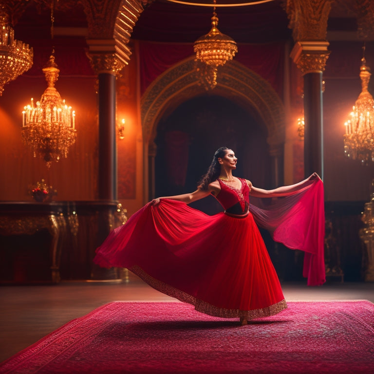 A serene, dimly lit dance studio with a beautiful, toned female dancer in a flowing, crimson skirt, performing a fluid, arched-back pose, surrounded by mirrors and ornate Middle Eastern tapestries.