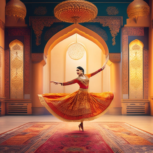 A vibrant, golden-hued illustration of an Arabic-inspired dance studio, featuring a beautiful, flowing-veiled dancer in motion, surrounded by intricate Middle Eastern patterns and ornate instruments.