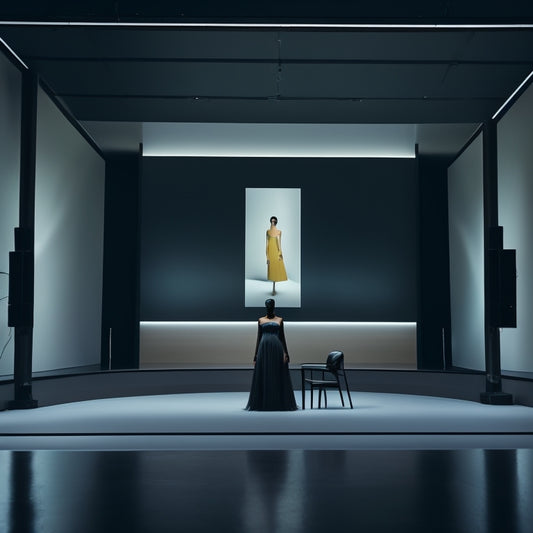 Generate an image of a darkened room with a large, transparent screen displaying a mesmerizing fashion video installation, surrounded by sleek, minimalist chairs and a catwalk.