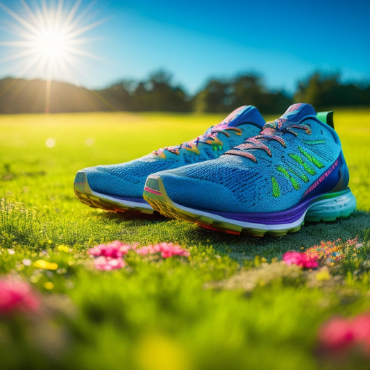 A close-up of vibrant running shoes with mesh uppers, set on a sunlit, grassy trail. Dew drops glisten on the shoes, surrounded by colorful wildflowers and a clear blue sky above.