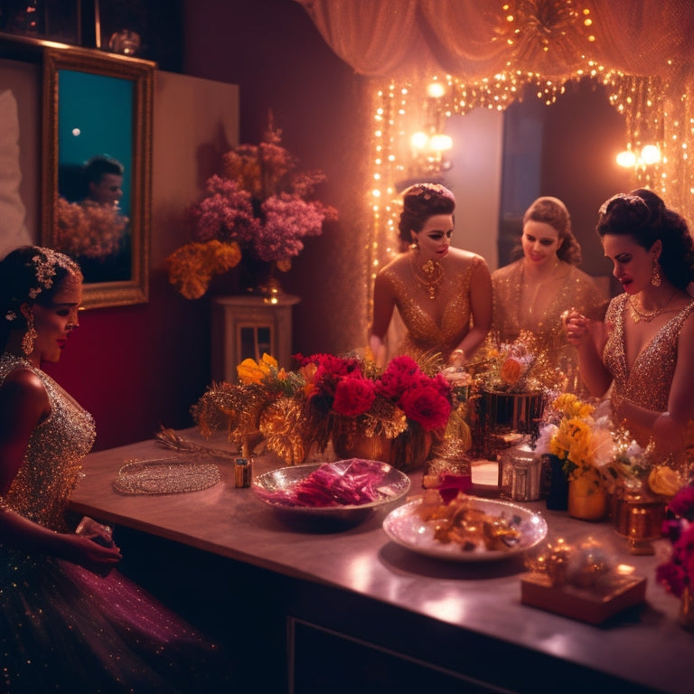 A vibrant, backstage scene: sparkling costumes, scattered dance shoes, and a cluttered dressing room table with mirrors, hair accessories, and a few flowers, set against a warm, golden lighting.