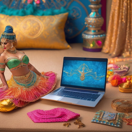 A whimsical illustration featuring a laptop surrounded by belly dance costume components, including sparkling beads, shimmering fabrics, and intricate embroidery, with a beautiful, flowing skirt and a dancer's silhouette in the background.