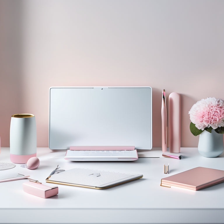 A minimalist desk with a sleek laptop, a color-coded planner, and a set of neatly arranged makeup brushes, surrounded by a subtle background of soft, pastel hues, evoking a sense of organization and creativity.