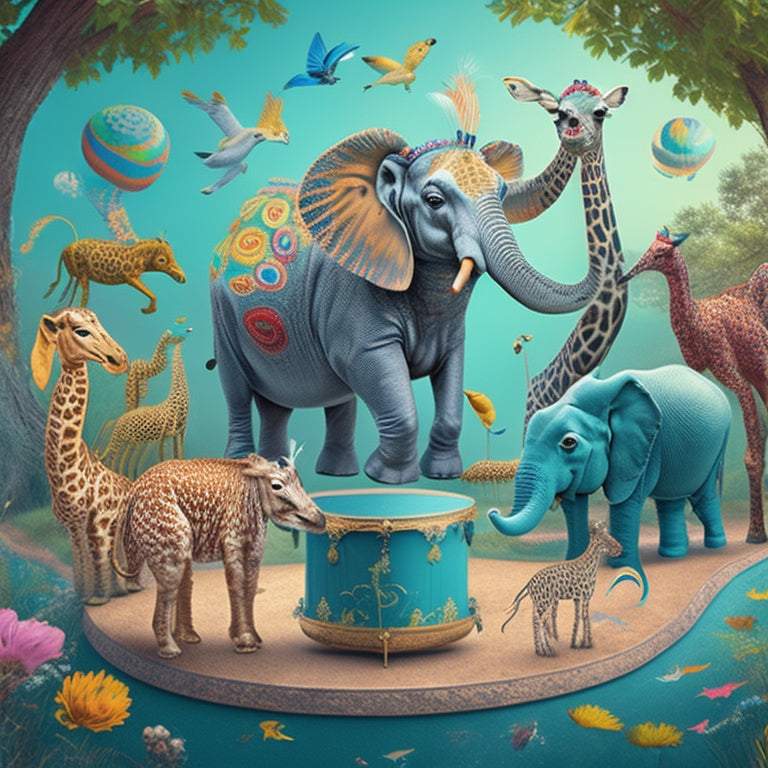 A whimsical illustration featuring a group of diverse animals, including a dancing peacock, a twirling giraffe, and a tapping elephant, surrounded by colorful musical notes and swirls.