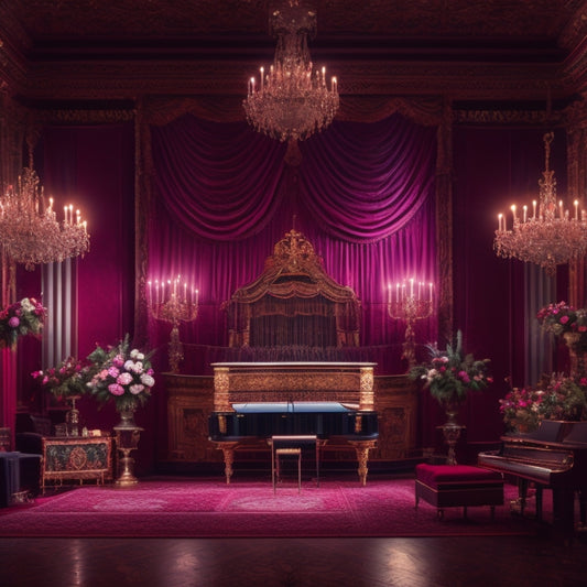 A grand, ornate theater with a spotlight shining down on a center-stage piano, surrounded by music stands, flowers, and a velvet red curtain, with a subtle sparkle in the air.