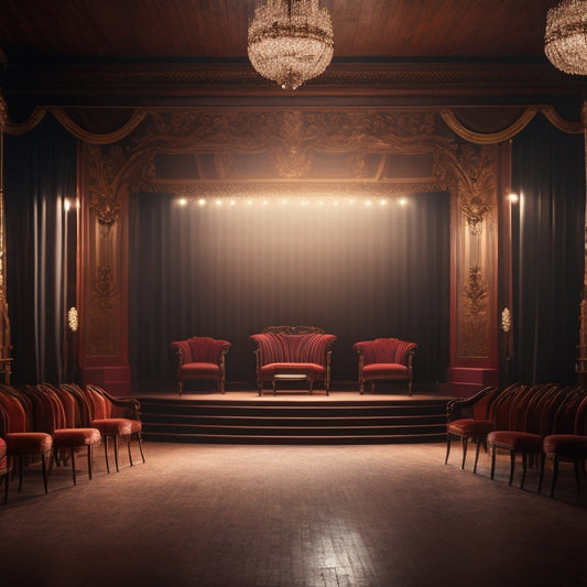 A grand, dimly lit theater with a spotlight shining down on a polished wooden dance floor, surrounded by elegant chairs and a majestic curtain with a subtle sparkle effect.