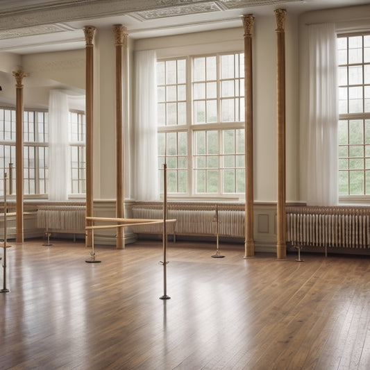 A ballet studio interior with a wooden barre standing solo, surrounded by mirrors and a polished floor, with a large, old-fashioned scale positioned in front of the barre, awaiting a weight measurement.