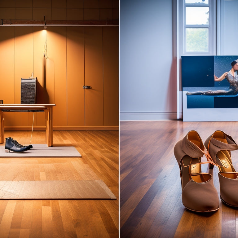 A split-scene image: a dance studio with a shiny, polished wood floor on one side, and a DIY setup with a plywood sheet laid out on the other, with dance shoes and music notes surrounding it.