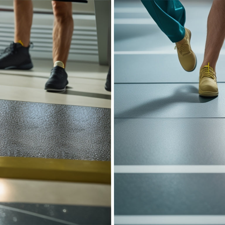 An image depicting a split-scene comparison: a person slipping on a shiny floor versus confidently walking on a textured, slip-resistant floor with subtle arrows indicating traction and stability.