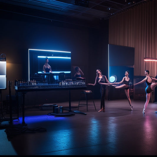 A vibrant, dimly lit dance studio with a laptop screen reflected on a mirrored wall, surrounded by makeup brushes, cosmetic products, and a few dancers' legs in various dance poses.