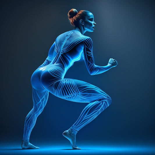 A minimalist illustration of a fit female figure in mid-squat, with glowing blue lines tracing the movement of her hips, surrounded by subtle, swirling patterns of muscles and tendons.