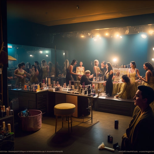 A dimly lit backstage area with rows of vanity lights, mirrors, and cluttered makeup stations, featuring multiple dancers in various stages of makeup application, surrounded by open compacts and brushes.