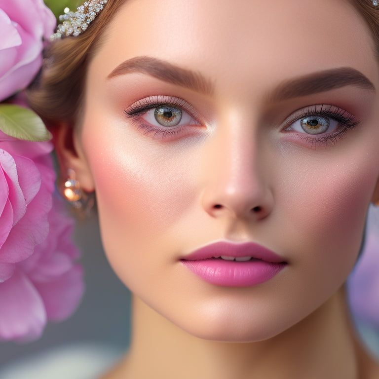 A glamorous, dewy complexion on a bride's face, with a subtle shimmer on her eyelids, soft pink lips, and defined lashes, set against a blurred, whimsical wedding background with soft focus flowers.