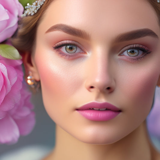 A glamorous, dewy complexion on a bride's face, with a subtle shimmer on her eyelids, soft pink lips, and defined lashes, set against a blurred, whimsical wedding background with soft focus flowers.