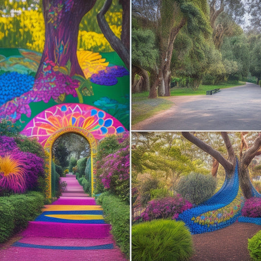 Vibrant murals covering trees, psychedelic patterns on walkways, and colorful sculptures amidst lush greenery, as Golden Gate Park transforms into a kaleidoscope of artistic expression.