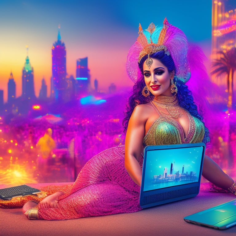 A colorful, vibrant illustration of a woman in a flowing, shimmering belly dance costume, surrounded by laptops and smartphones, with a cityscape or exercise studio blurred in the background.