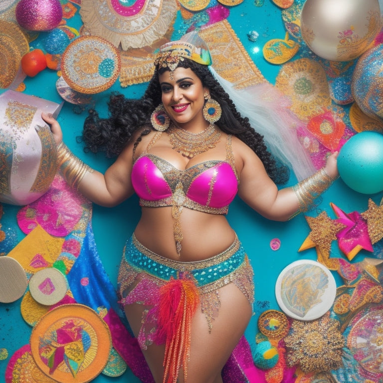 A whimsical illustration of a belly dancer surrounded by colorful stickers of various shapes, sizes, and designs, with a few stickers peeling off her outfit and floating around her.