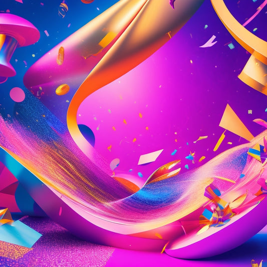 A vibrant, abstract illustration featuring swirling dance-inspired shapes in pink, blue, and yellow hues, with confetti and spotlights, surrounded by stylized ticket stubs and wispy curtains.