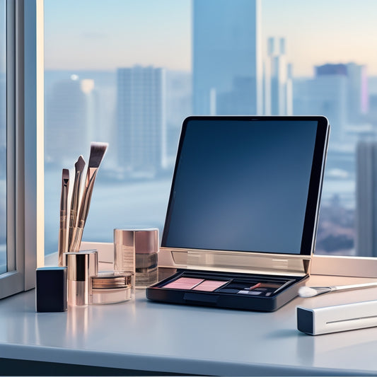 A minimalist illustration featuring a sleek, modern makeup station with a tablet and smartphone displaying a calendar app, surrounded by scattered makeup brushes and palettes, with a subtle cityscape background.