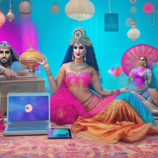 A vibrant, colorful illustration featuring a belly dancer surrounded by laptops, tablets, and smartphones, with musical notes, dance shoes, and Middle Eastern-inspired patterns in the background.