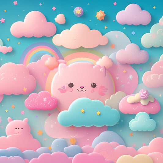 A whimsical illustration featuring a mix of colorful kawaii icons, including smiling clouds, stars, and hearts, amidst swirling patterns of pastel hues and delicate, swirling lines.