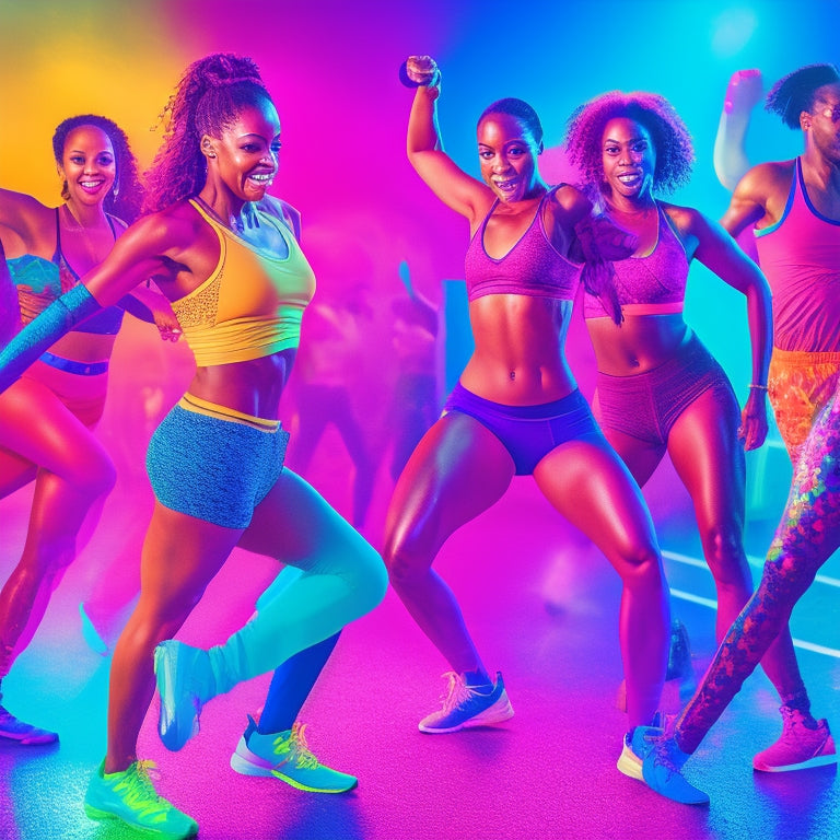 A vibrant, energetic illustration of a diverse group of people, mid-workout, surrounded by colorful dance floors, neon lights, and dynamic dance moves, conveying fun and high-intensity exercise.