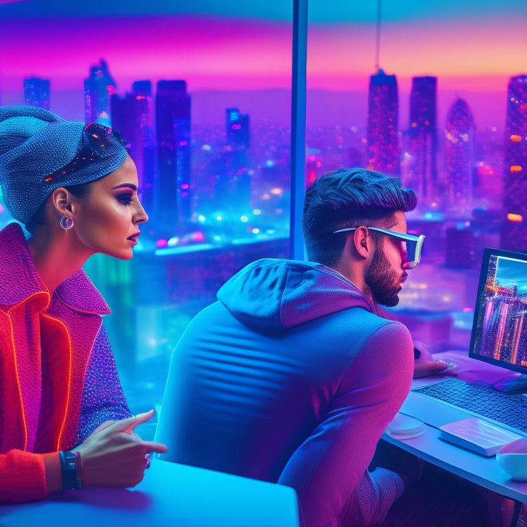 A vibrant, futuristic cityscape with diverse digital creators in action: a woman coding in a neon-lit café, a man editing video on a rooftop, and a non-binary artist designing in a virtual reality studio.