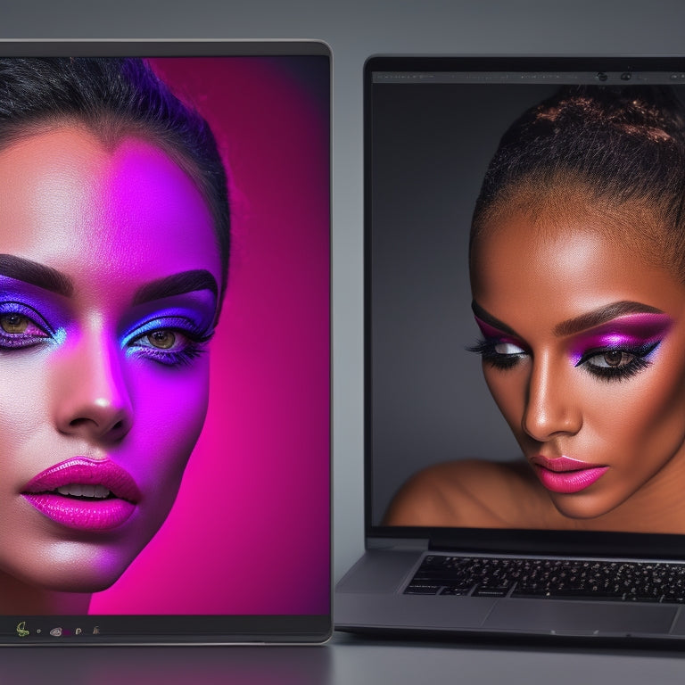 A split-screen image featuring a dance makeup artist's professional online portfolio on a laptop screen, alongside a beautifully lit, glamorous dancer's face with bold, colorful makeup.