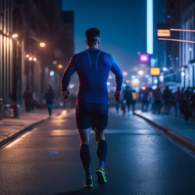A dark, dimly lit urban street showcasing a runner wearing bright, glowing LED armbands. The armbands emit vibrant colors, illuminating the surroundings, with a backdrop of blurred city lights and shadows.