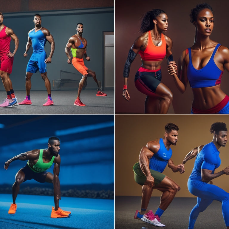 A dynamic gym setting featuring diverse athletes in sleek, breathable activewear, showcasing moisture-wicking fabrics, supportive athletic shoes, and vibrant colors, all engaged in various workouts, emphasizing movement and performance.