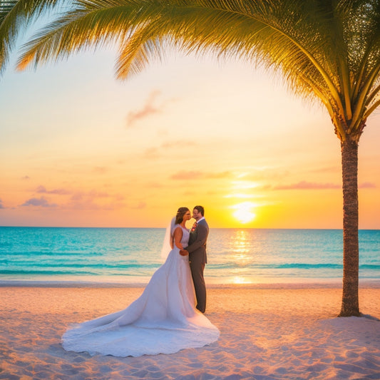 A serene beach scene at sunset with a elegant white wedding arch adorned with flowers, a bride and groom exchanging vows, surrounded by lush palm trees and turquoise ocean waters.