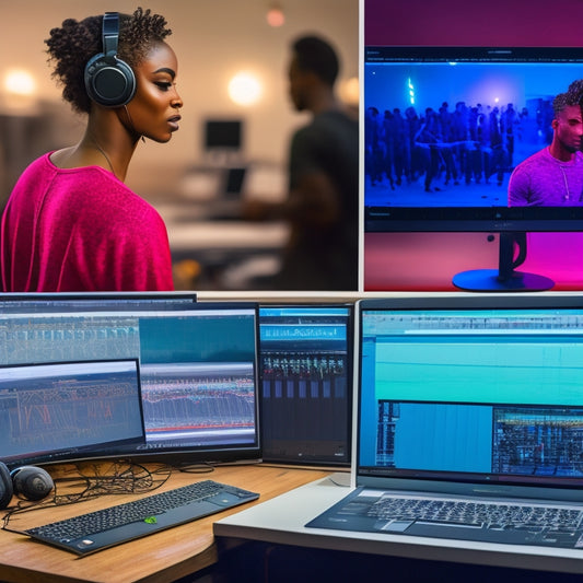 A split-screen image featuring a choreographer in a dance studio on one side, surrounded by laptops and headphones, and a digital audio workstation on the other side, with sound waves and musical notes swirling around editing software interfaces.