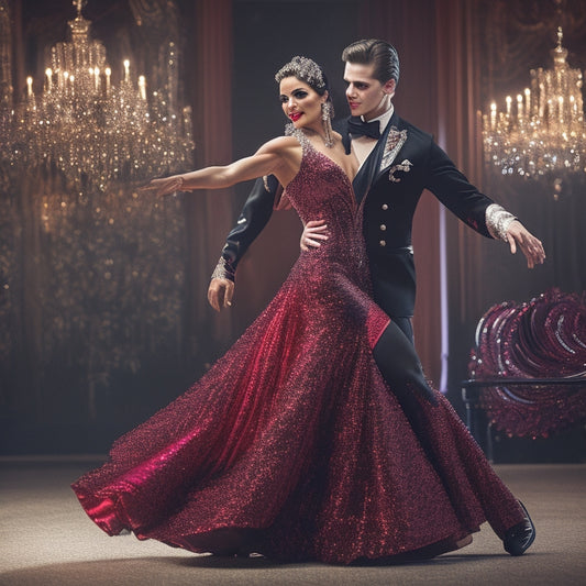 A dazzling ballroom scene featuring a male dancer in a sleek black tuxedo with intricate silver embroidery and a female dancer in a flowing, vibrant red gown adorned with sparkling sequins, both in dynamic motion.