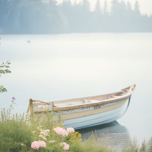 A soft-focus image of a misty Seattle morning, with a delicate white wedding veil draped over a vintage wooden rowboat, surrounded by lush greenery and blooming flowers on Lake Union's serene shoreline.