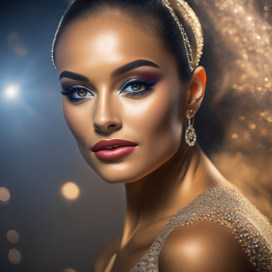 A glamorous, spotlight-lit dancer in a sparkling costume, posing in front of a darkened stage, with bold, shimmering eye makeup, bold lashes, and a radiant, sun-kissed glow.