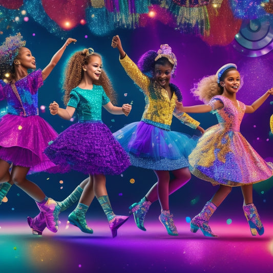 A colorful, whimsical illustration featuring a group of happy, dancing girls in various poses, surrounded by musical notes, dance shoes, and glitter, with a subtle sparkle effect.