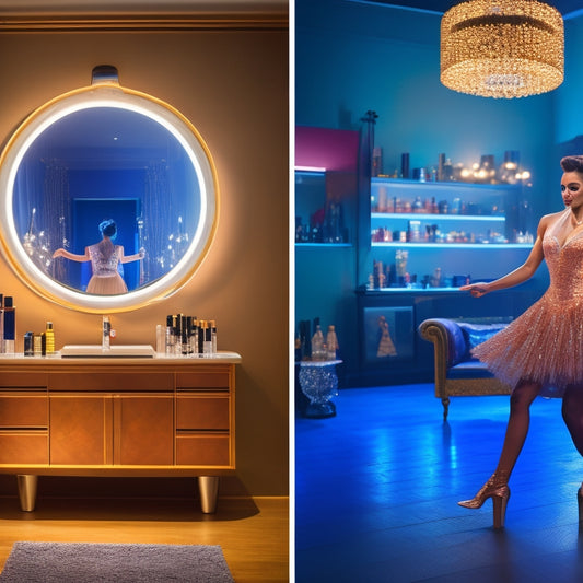 A split-screen image featuring a tap dancer in mid-performance on the left, with a bold, bright spotlight shining down, and a makeup station with various products and brushes on the right, surrounded by mirrors and soft, warm lighting.