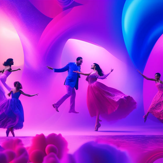 A vibrant, abstract background with swirling shapes in shades of pink, purple, and blue, surrounded by dancing silhouettes in various poses, conveying joy and freedom.