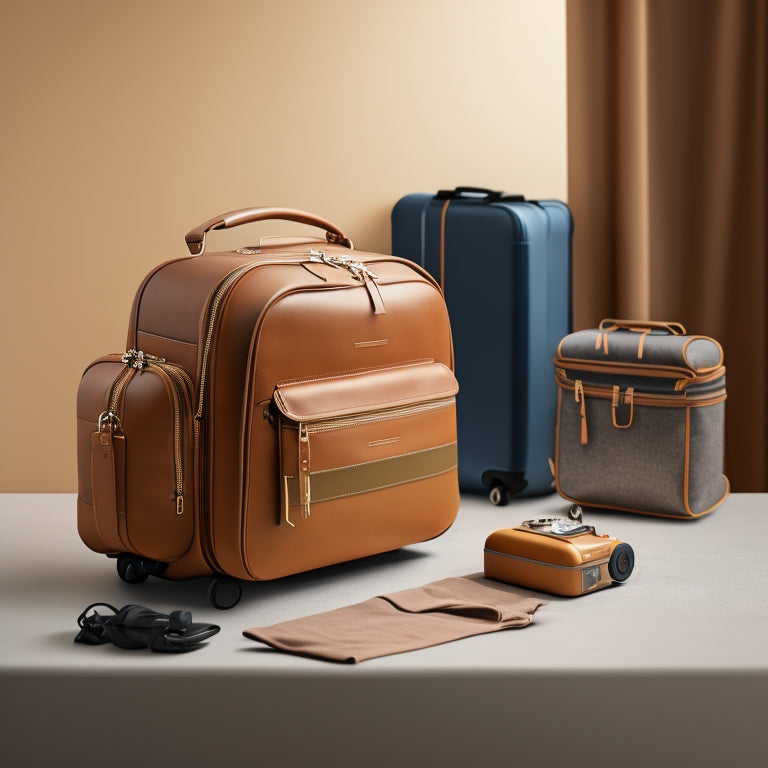 A compact, stylish suitcase with expandable compartments, neatly packed with rolled clothes, next to a foldable backpack and a travel pouch, all set against a minimalist travel-themed backdrop showcasing a world map.