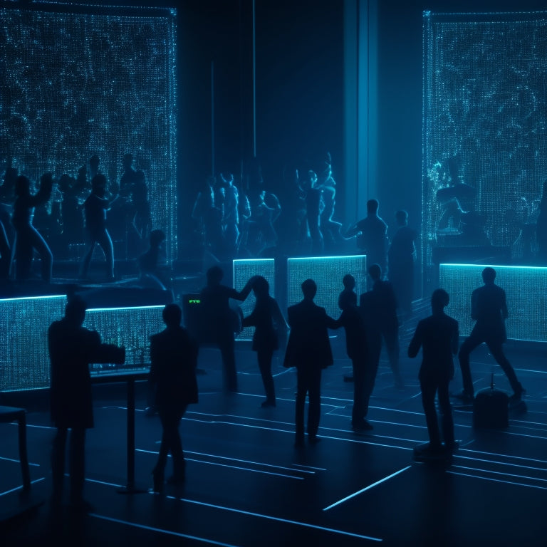 A dark blue background with neon green and blue circuitry patterns, surrounded by dancing silhouettes in motion, with subtle binary code and laptop screens blurred in the background.