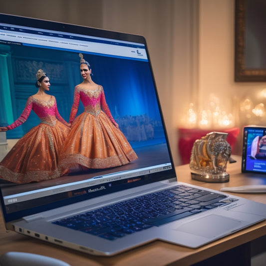 A computer screen displaying a dance costume website, with a laptop keyboard in the foreground, a dancer in a costume in the background, and a credit card nearby.