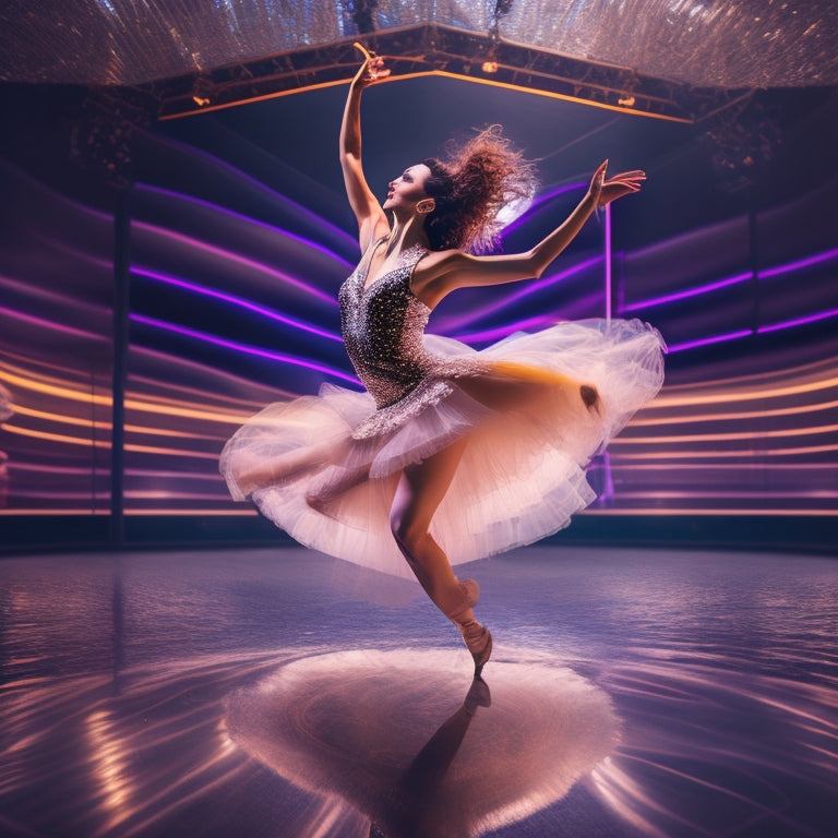 A dynamic, high-energy image featuring a dancer in mid-air, surrounded by swirling dance floor lights, with a blurred background of mirrors and ballet bars, capturing the essence of fluid motion and freedom.