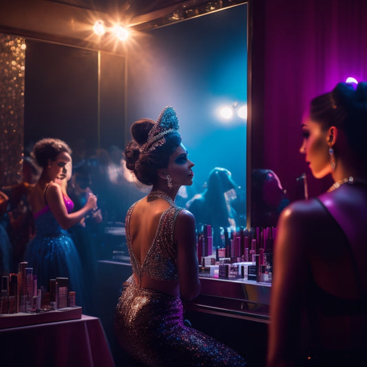 A glamorous, dimly lit backstage area with mirrored vanity, scattered makeup brushes, and a dancer's reflection applying bold, colorful makeup, surrounded by spotlights and dance costumes.