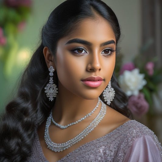 A beautiful, radiant Latina teenager with flawless, glowing skin, wearing a stunning quinceanera dress and adorned with intricate jewelry, gazing confidently into a mirror with a soft, natural makeup look.